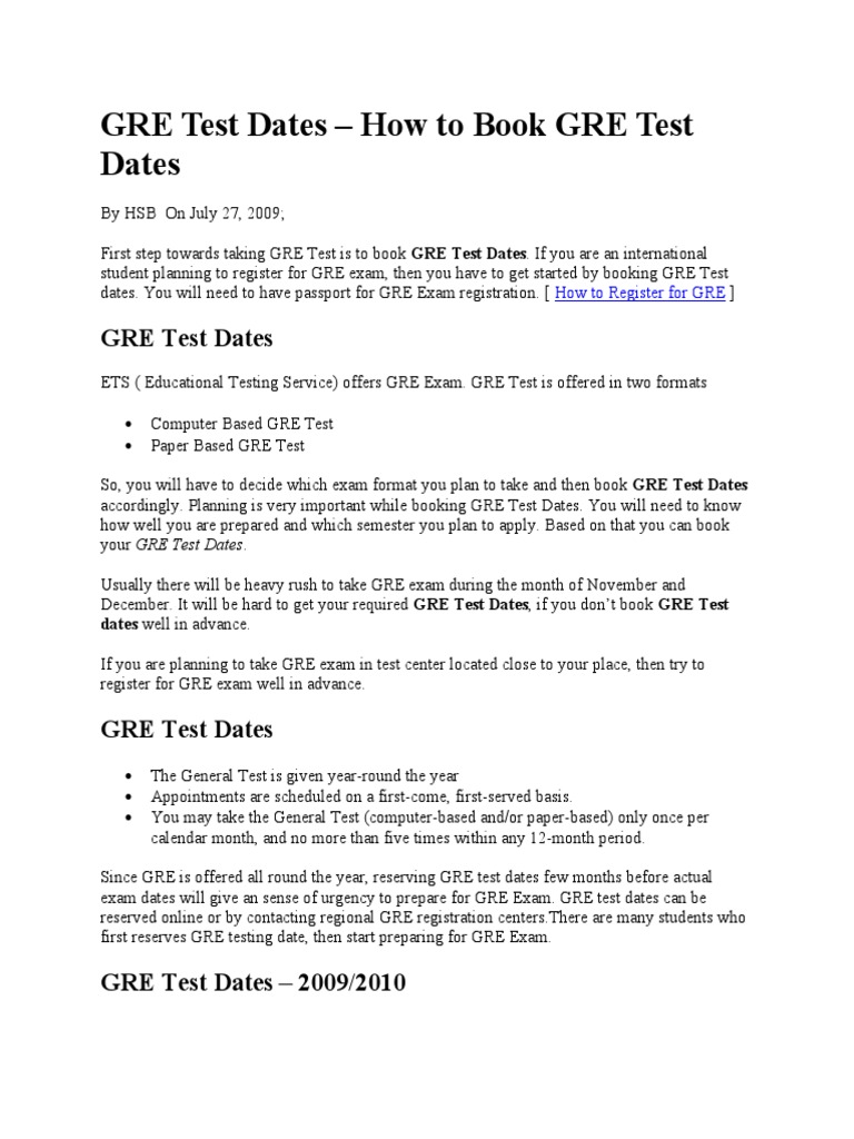GRE Test Dates PDF