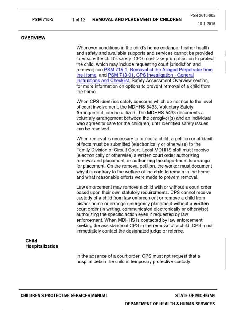 Michigan Child Protective Services ExParte Emergency Removal Policy