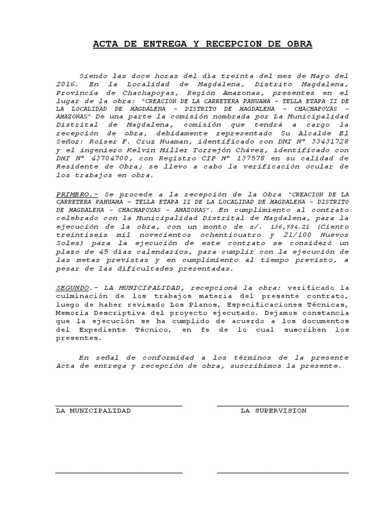 Acta de Entrega y Recepcion de Obra | PDF | Gobierno