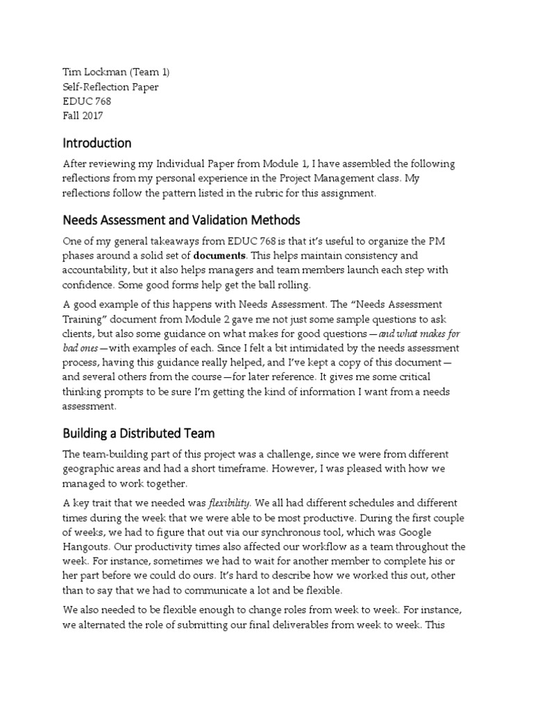 Project Management Self-Reflection Insights | PDF | Communication ...
