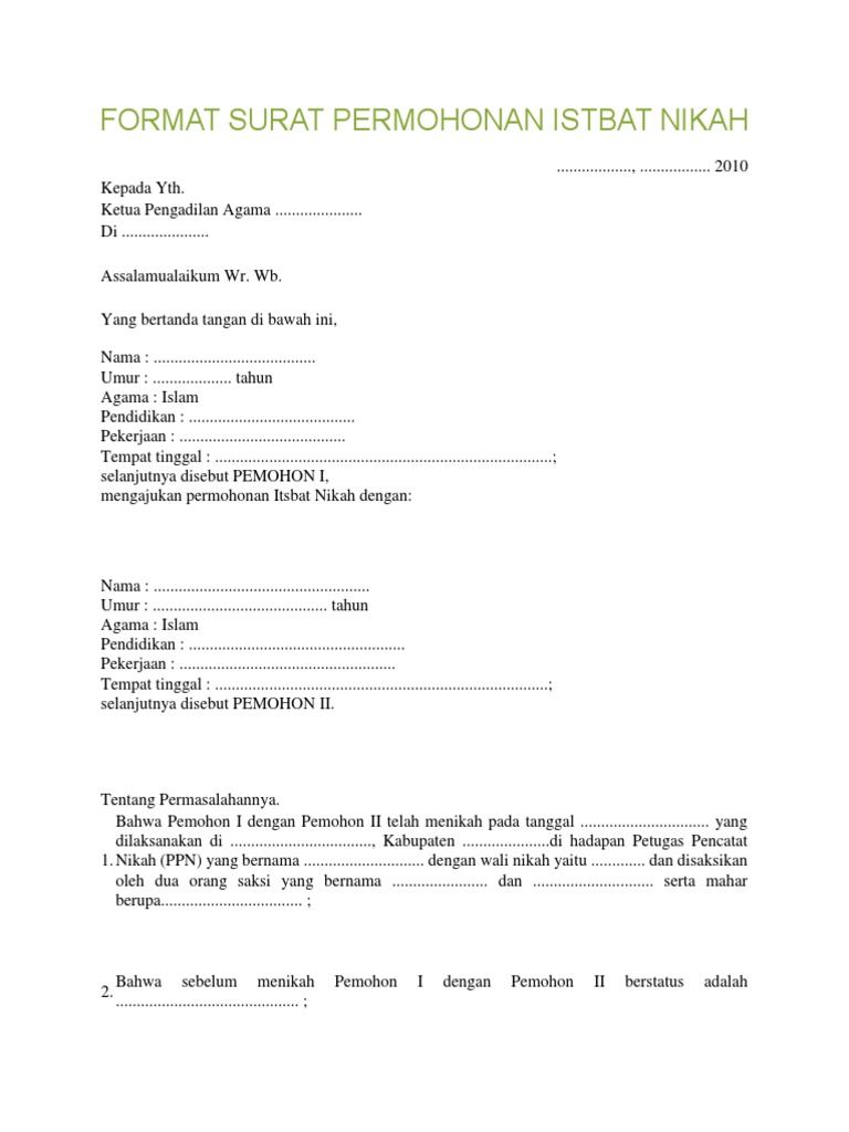 Format Surat Permohonan Istbat Nikah 