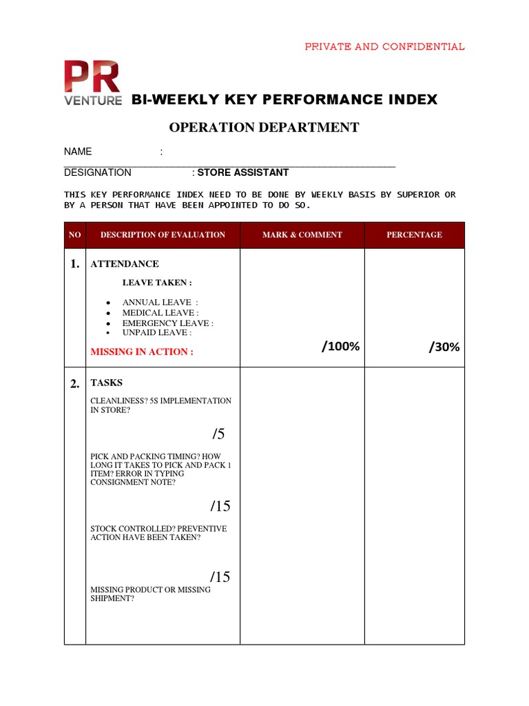 BiWeekly Key Performance Index Operation Department Private and