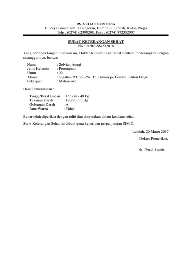 Contoh Surat Keterangan Sehat Pdf