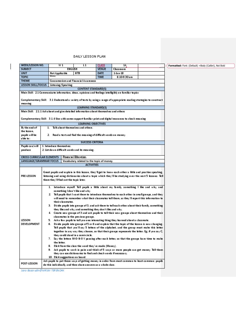 1 Jan Lesson Plan Teaching