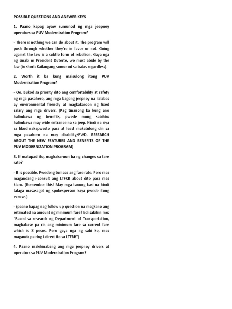 Possible Questions and Answer Keys | PDF