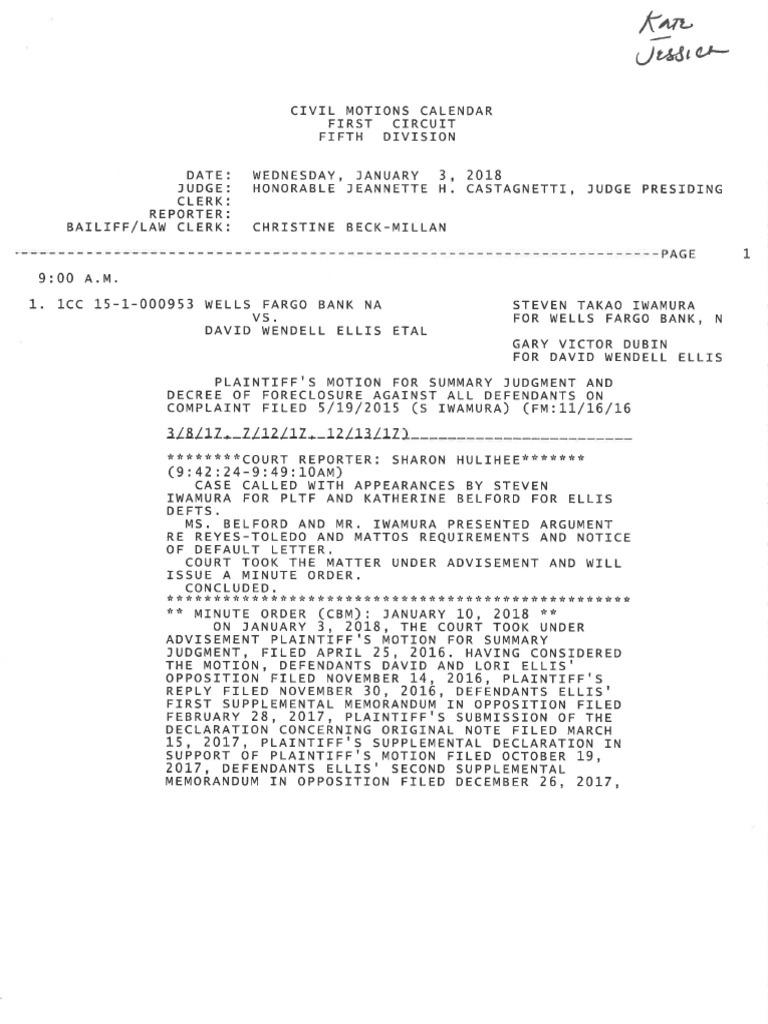 18 01 03 Minute Order Hrg Msj Summary Judgment Civil Procedure