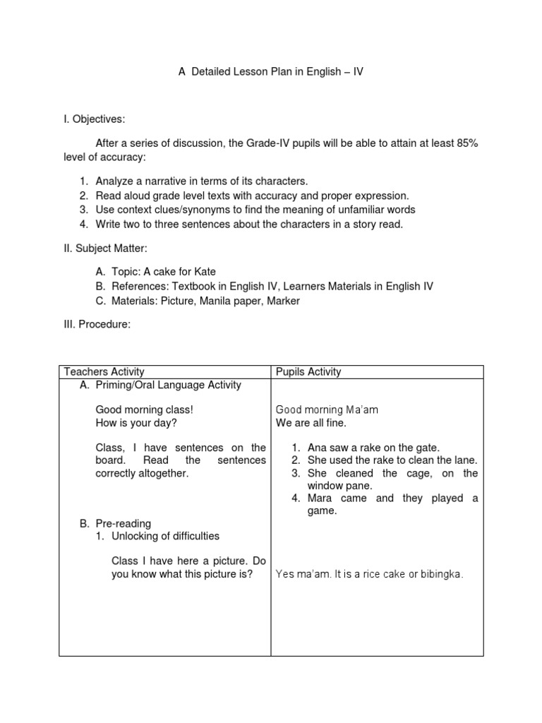 Detailed Lesson Plan: A Cake for Kate | PDF | Lesson Plan | English ...