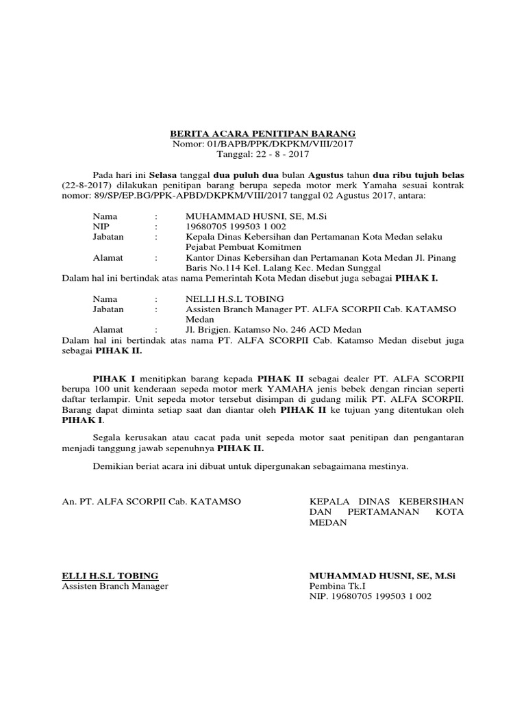 Berita Acara Penitipan Barang