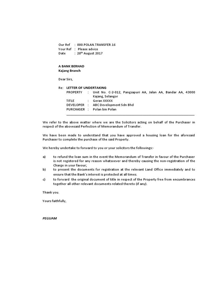 Sample Letter of Undertaking to Bank and Confirmation to Loan