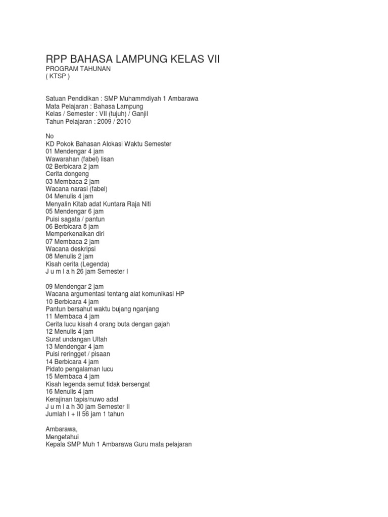 Rpp Bahasa Lampung Kelas Vii