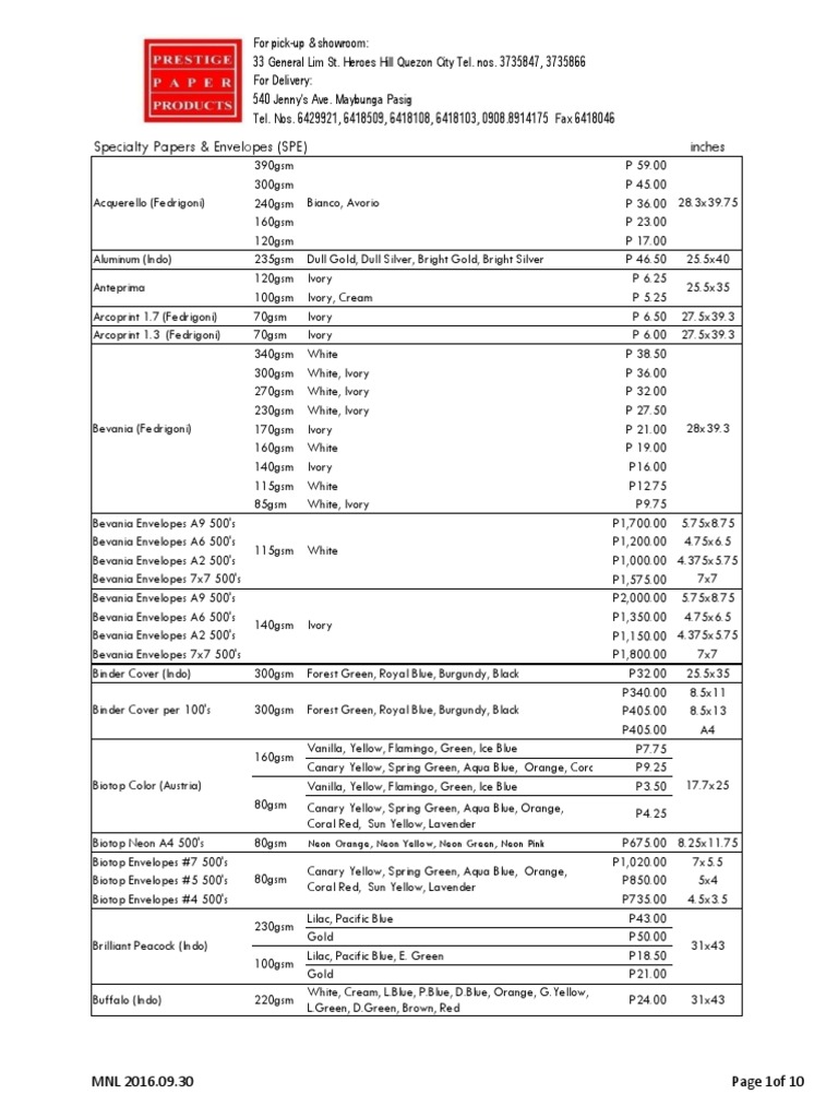 Prestige Paper Pricelist Yellow Artistic Techniques