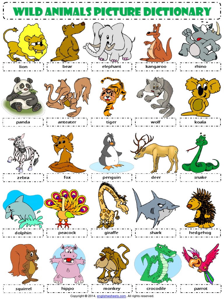 Wild Animals Picture Dictionary Esl Vocabulary Worksheet PDF