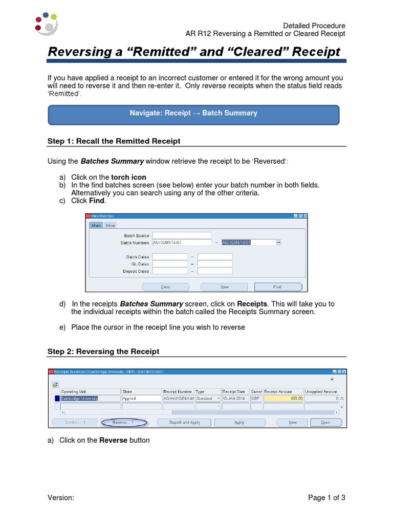 Reverse Remitted/Cleared Receipts Guide | PDF | Receipt | Business
