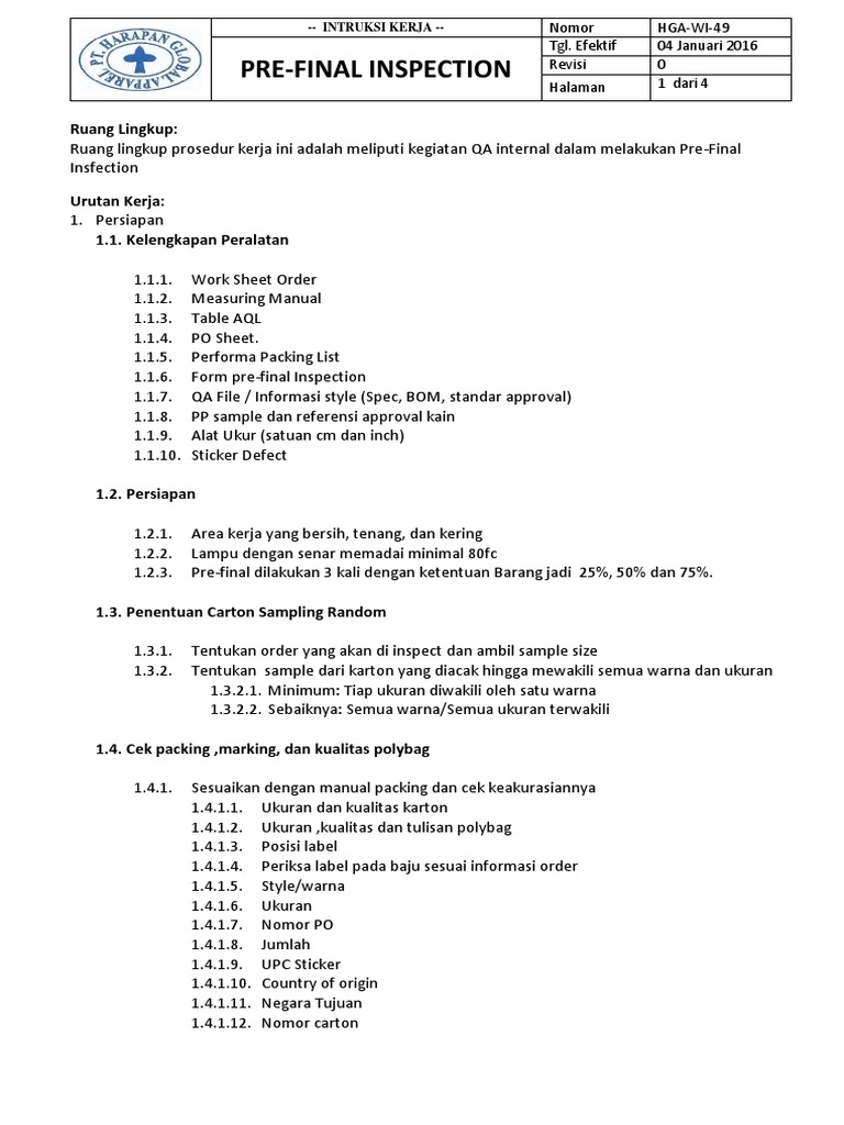 HGA-WI-49 Pre Final Inspection WI (Autosaved) New | PDF