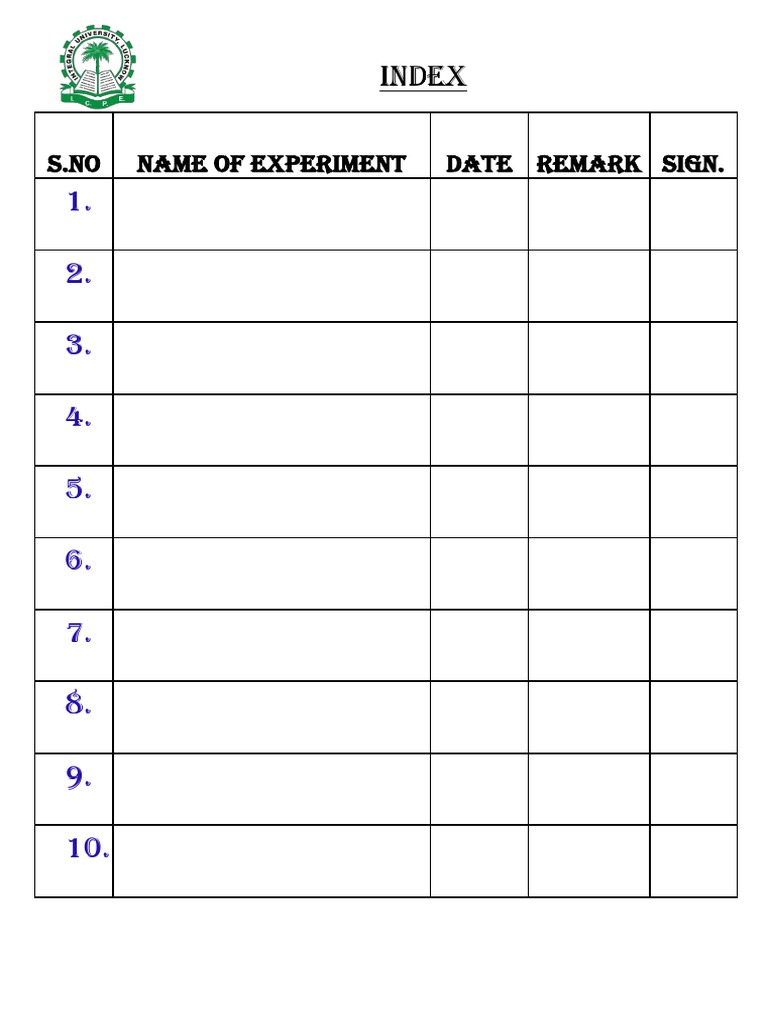 Index: S.No Name of Experiment Date Remark Sign | PDF
