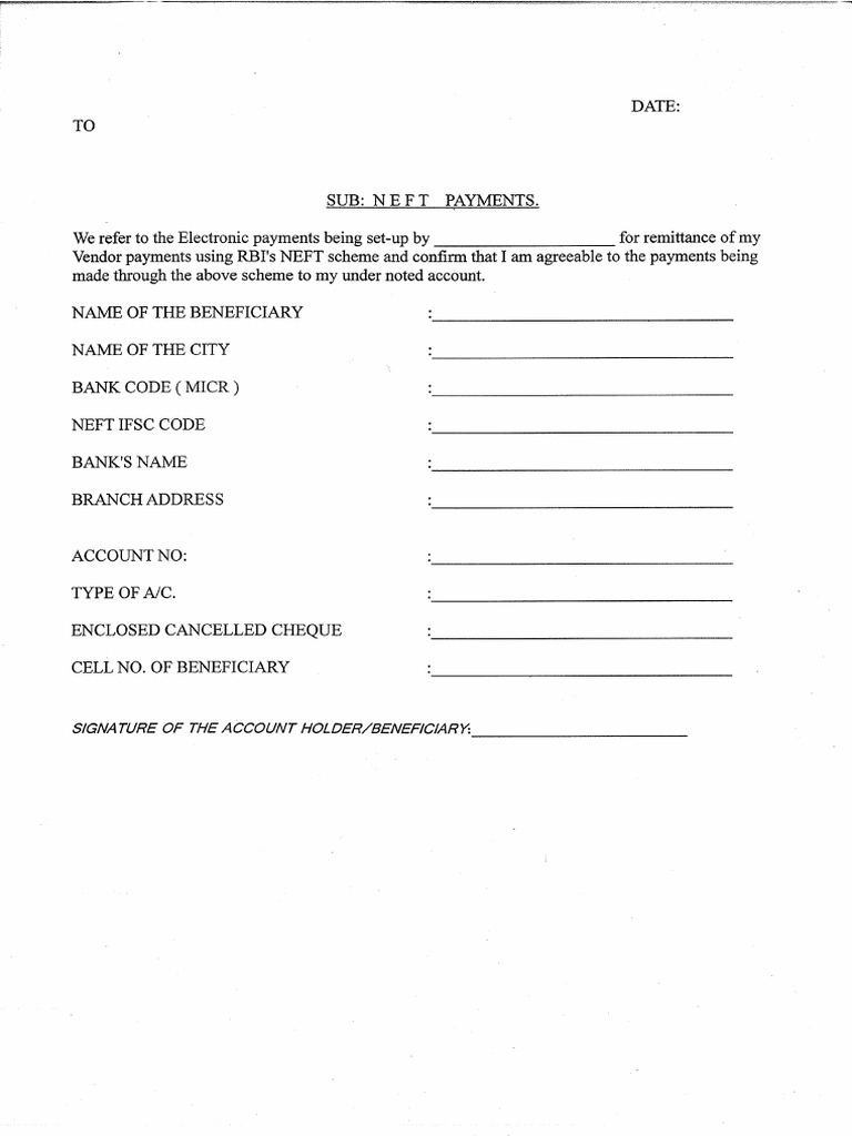 NEFT FORM for oriental insurance claim