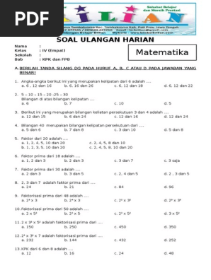 Soal Matematika Kelas 4 Sd Bab 4 Kpk Dan Fpb Dan Kunci Jawaban