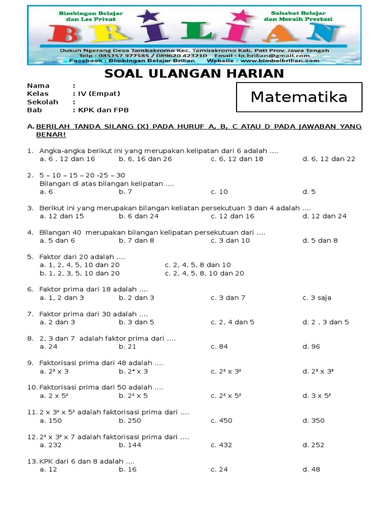 Soal Matematika Fpb Dan Kpk Kelas 4