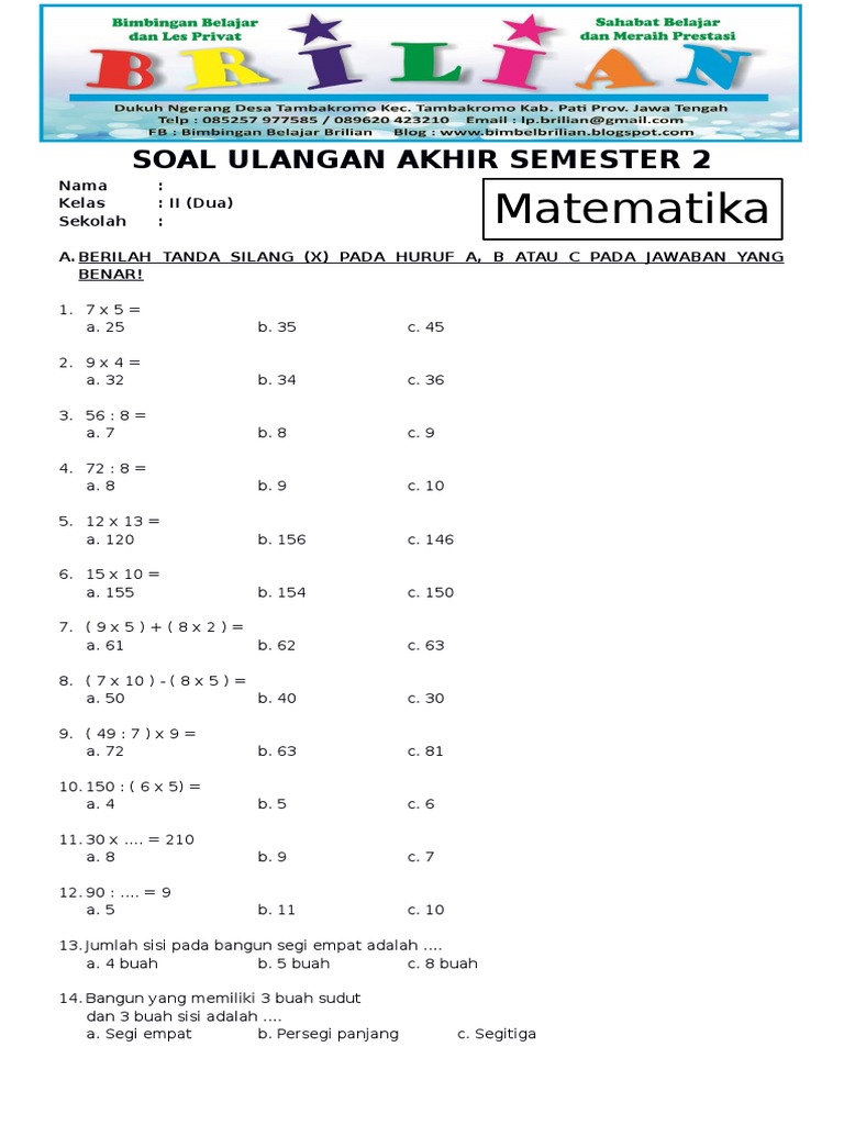 Soal Uas Matematika Kelas 2 Sd Semester 2 Dan Kunci Jawaban Pdf