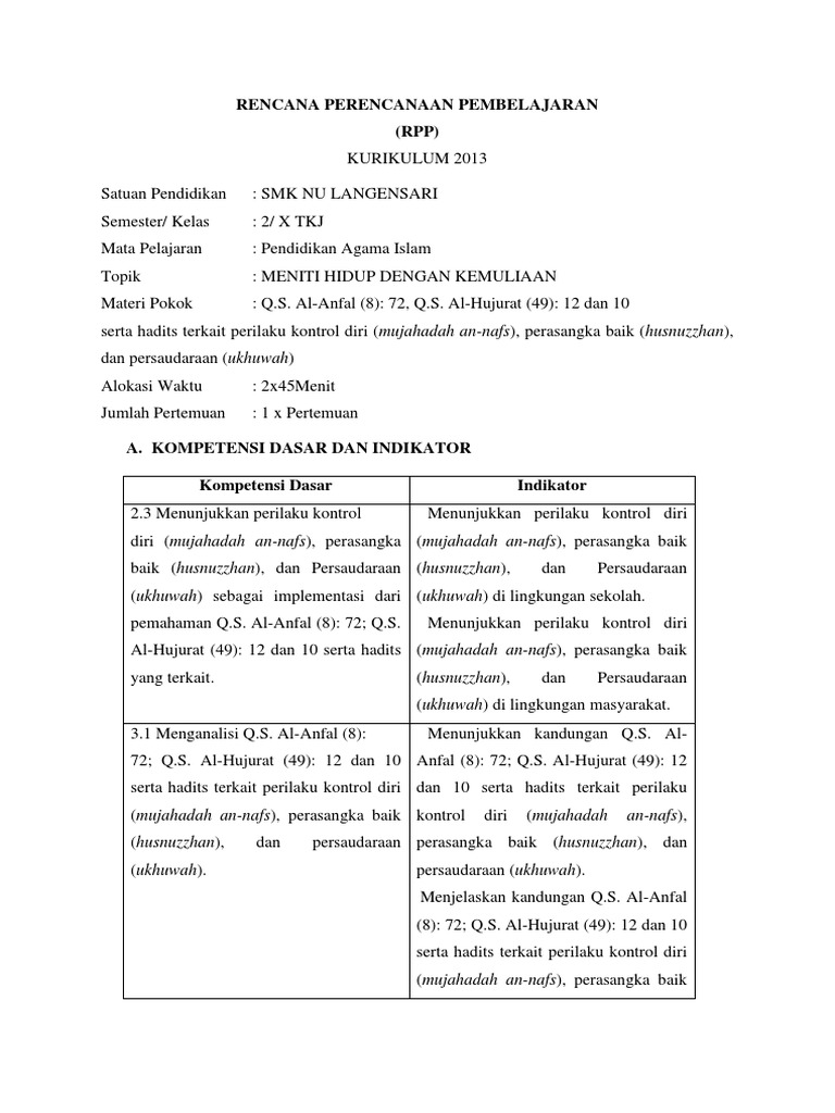 RPP 2013 Meniti Hidup Dengan Kemuliaan Kelas X SMK.docx