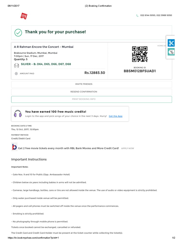 A R Rahman Concert Ticket Confirmation | PDF | Money | Financial Technology
