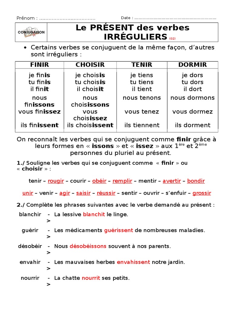Verbe Choisir Au Présent De L indicatif Present - Ir - 02 - C | PDF
