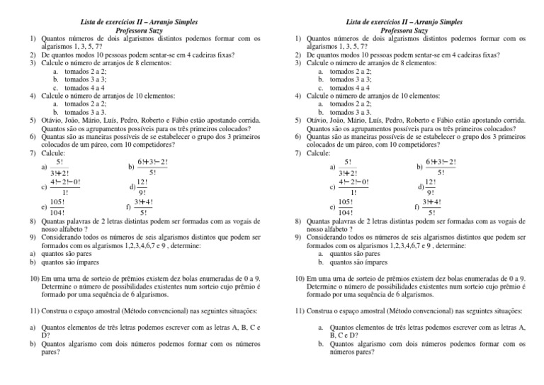 Exercícios de Arranjo Simples | PDF | Ensino de Matemática | Science