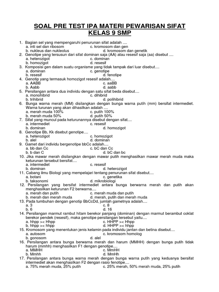 Soal Genetika Kelas 9