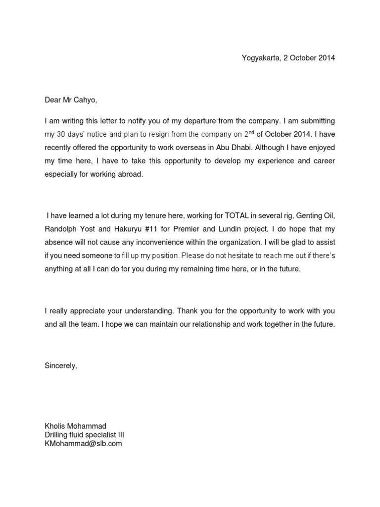 Resignation Letter Due To Work Abroad Sample Resignation Letter