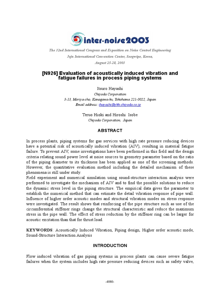 Evaluation of Acoustically Induced Vibration in Process Piping Systems ...