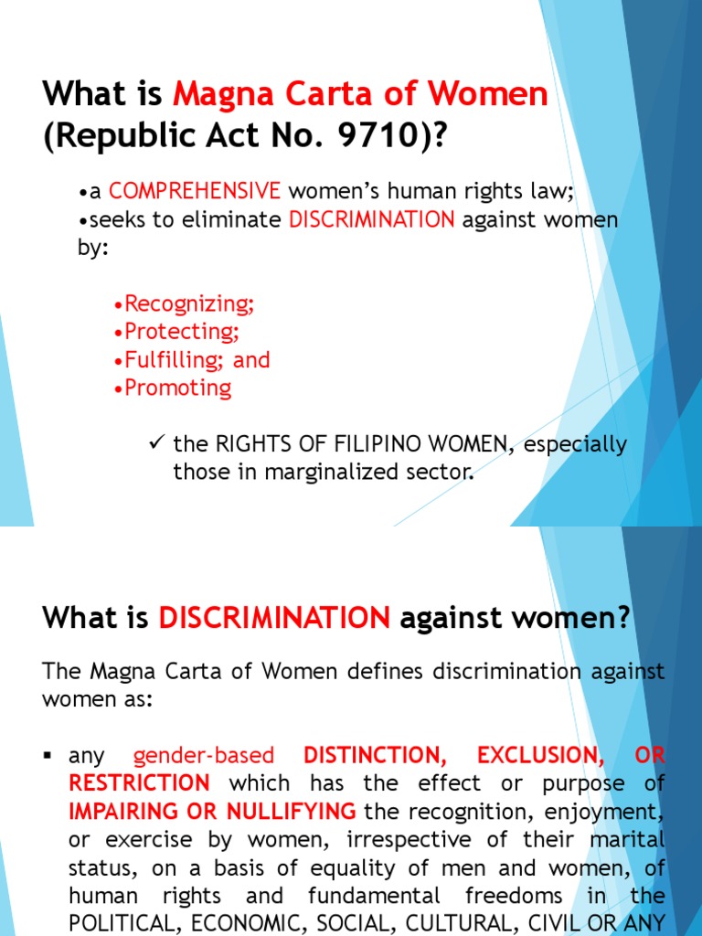 Magna Carta of Women: RA 9710 Overview | PDF | Discrimination | Social ...