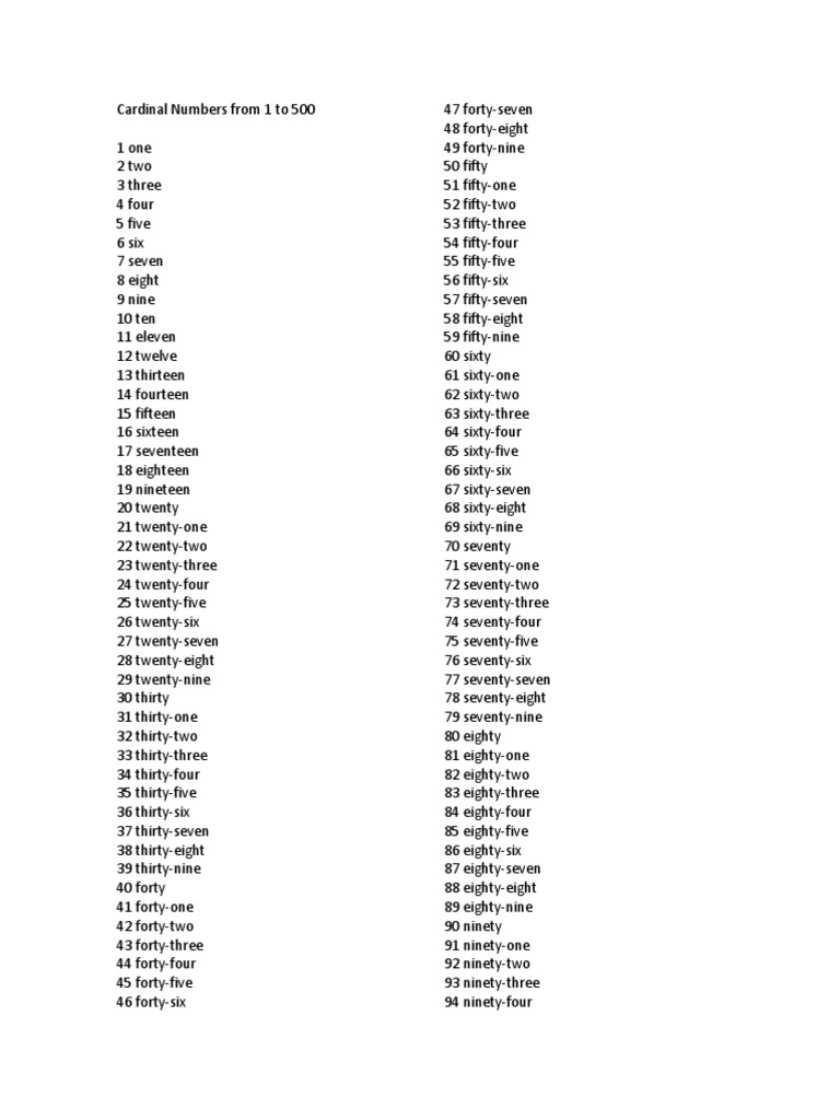 Numeros Cardinales Del 1 500 En Ingles