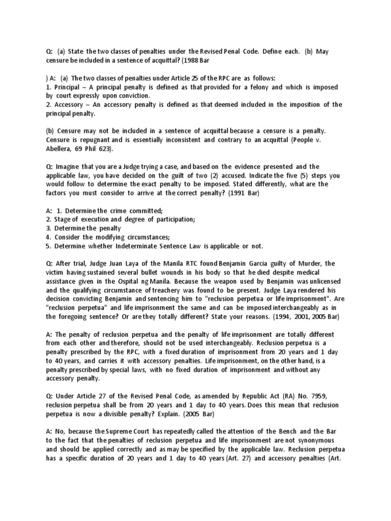 Quamto - Penalties To Criminal Liability BAR QUESTIONS | PDF | Pardon |  Fine (Penalty)