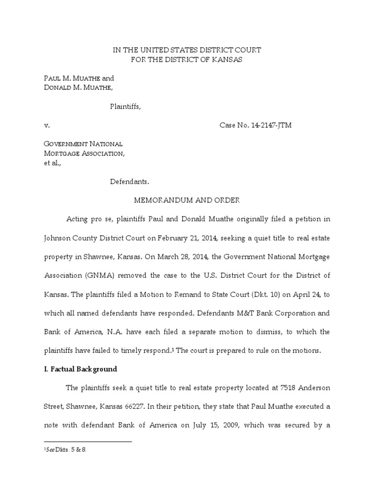 Federal Quiet Title Kansas PDF Diversity Jurisdiction Federal