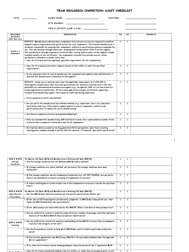 Biologics Inspection Audit Checklist | PDF | Drinking Water ...