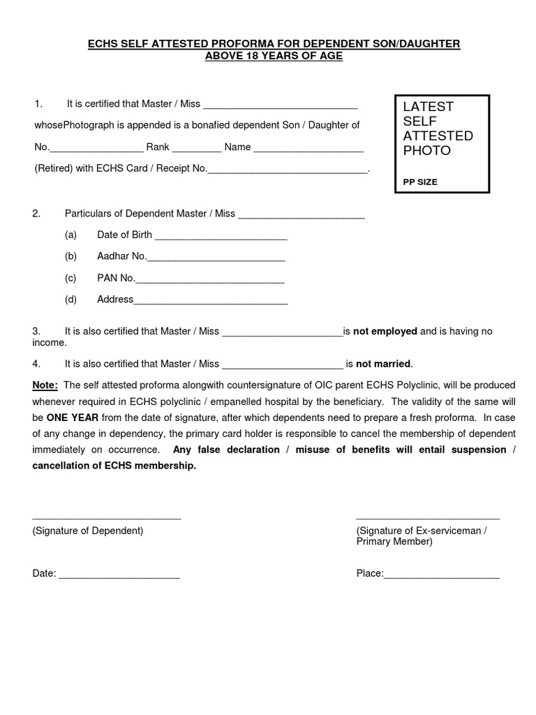 ECHS Self Attested Proforma for Dependents | PDF | Finance & Money ...