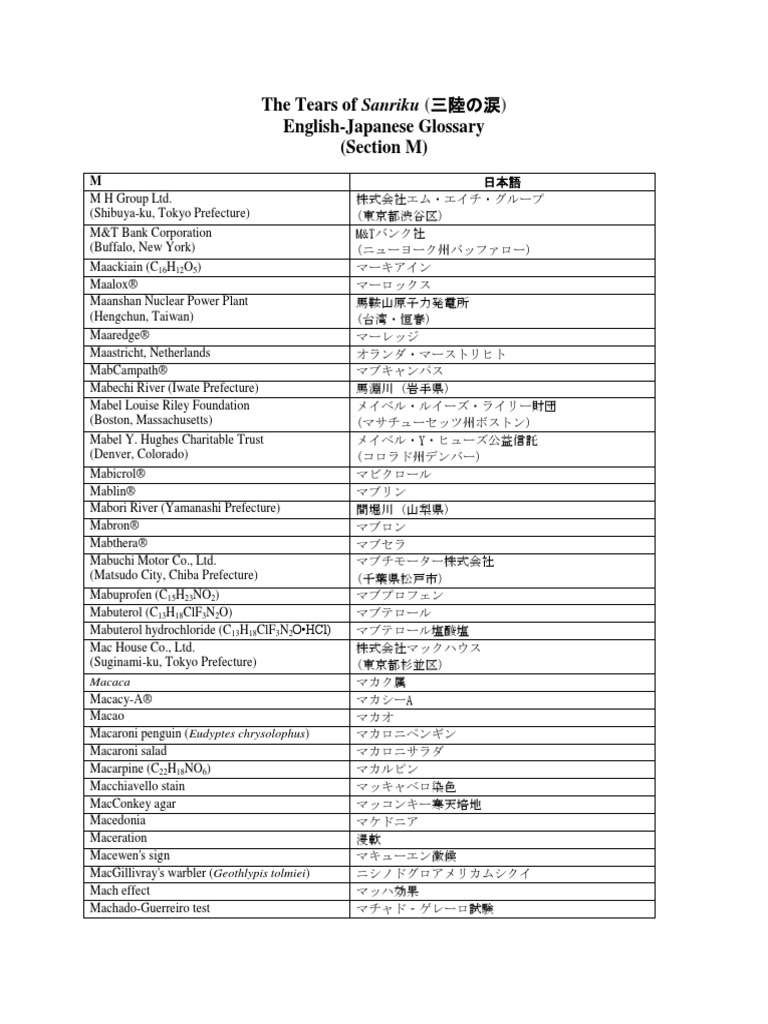 The Tears of Sanriku (三陸の涙) - English-Japanese Glossary (Section M) | PDF, image size:768x1024