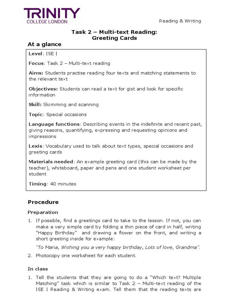 ISE I - Task 2 - Multi-Text Reading - CA1 (Greeting Cards) | PDF | Reading  (Process) | Christmas