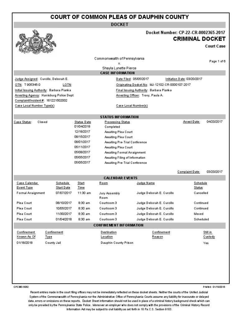 SP SimpleAssault CommonPleas Docket PDF | PDF | Continuance | Bail
