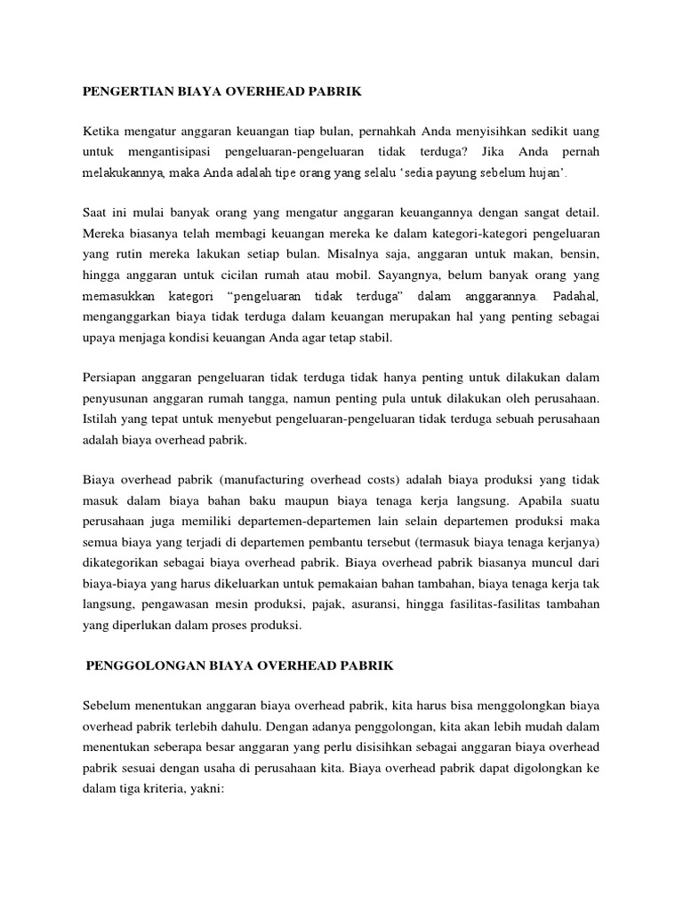 Pengertian Biaya Overhead Pabrik