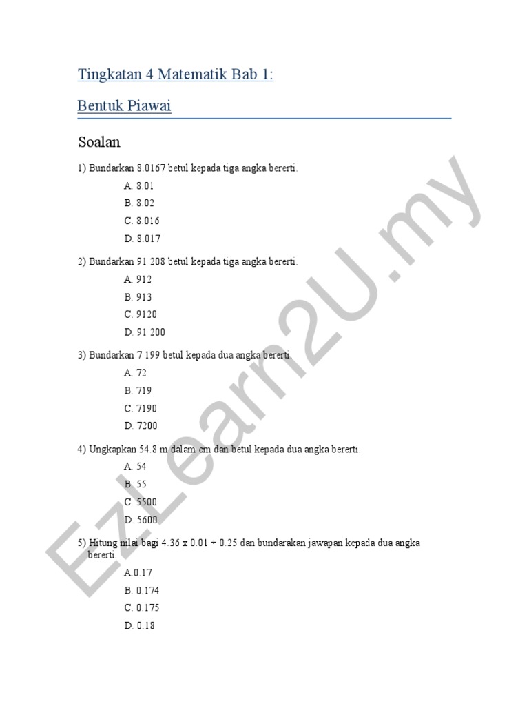 Soalan Tubic F4 Matematik Bab 1 Bentuk Piawai Pdf