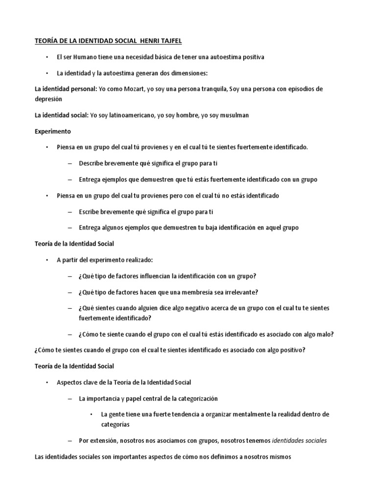 Teoría de la Identidad Social de Tajfel | PDF | Psicología Social ...