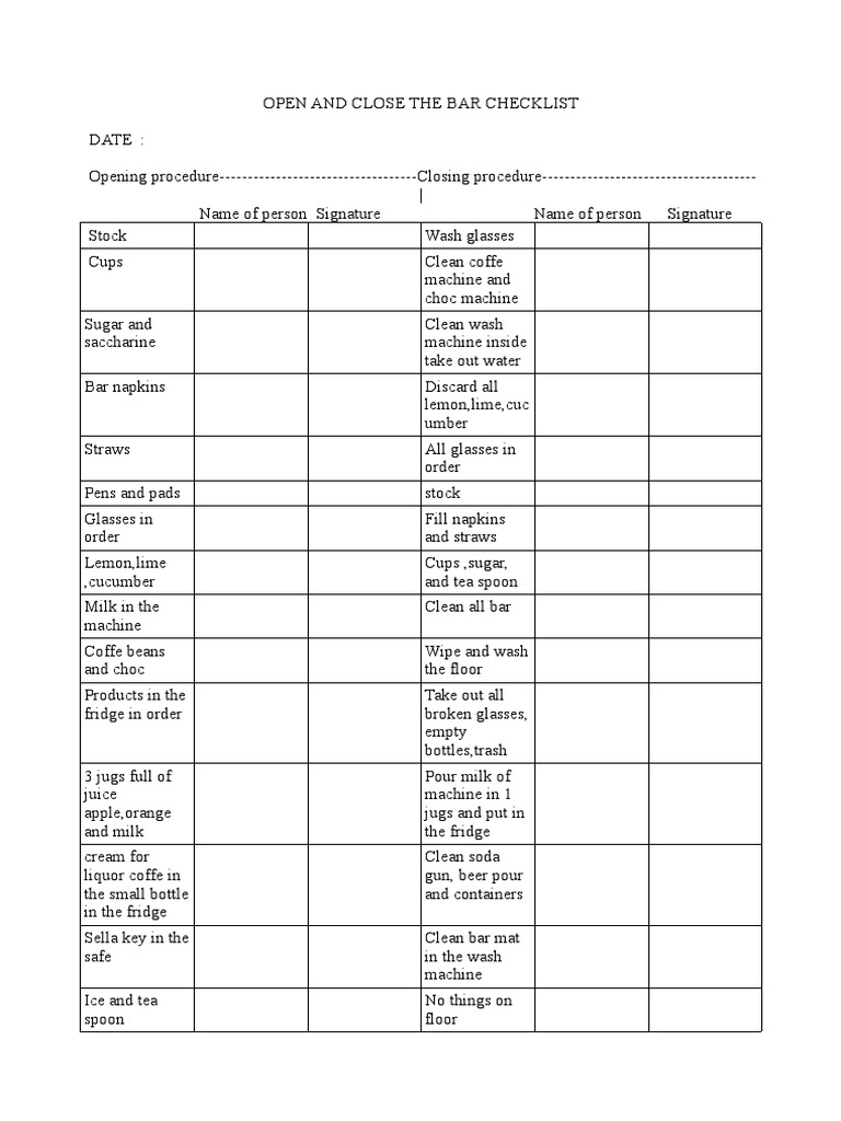 Opening and Closing Bar Checklist | PDF | Non Alcoholic Drinks | Drink