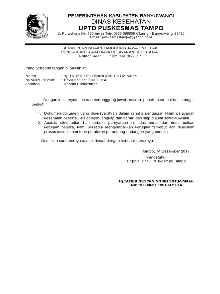 Surat Pernyataan Tanggungjawab Mutlak Pengajuan Klaim