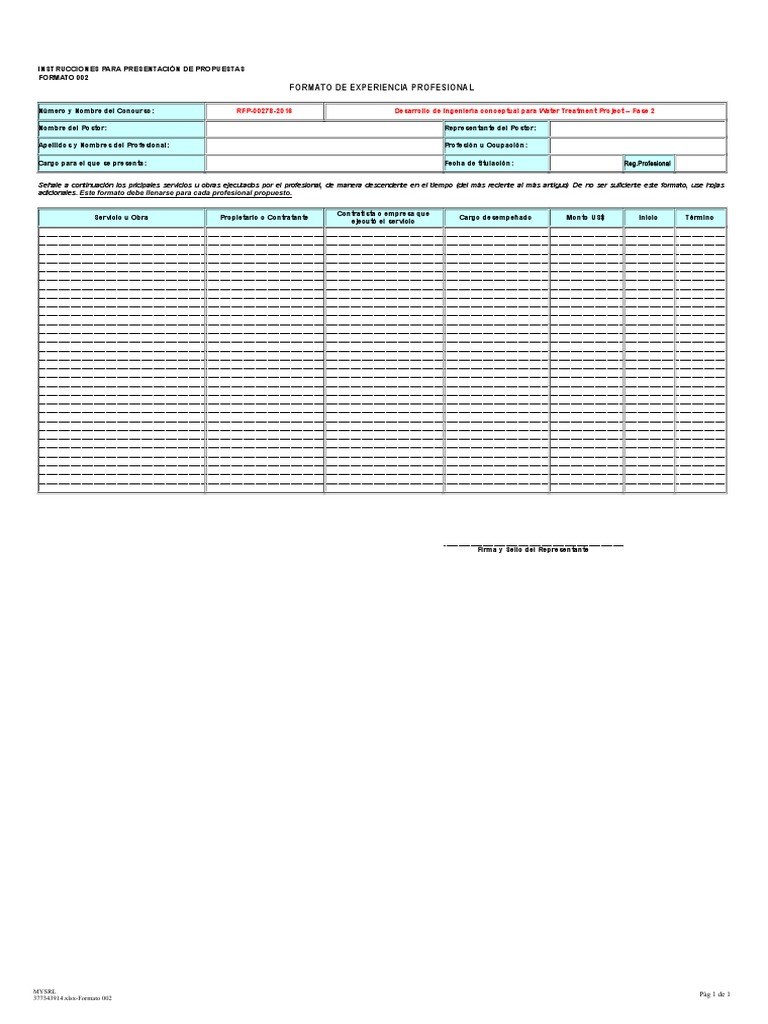 Formato de Experiencia Profesional RFP-00278 | PDF