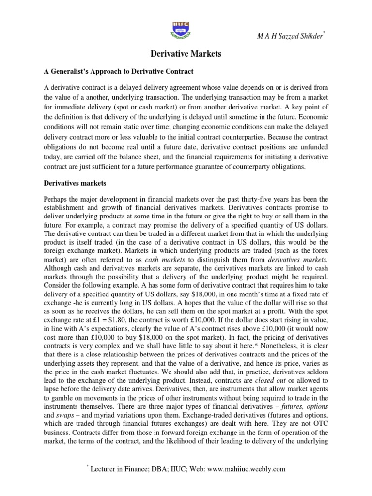Derivatives Markets | PDF | Futures Contract | Option (Finance)
