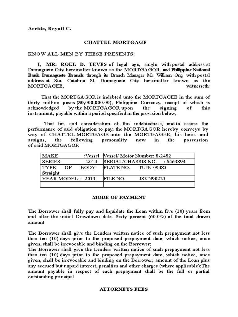 Arcide, Reynil C. Chattel Mortgage PDF Mortgage Law Loans