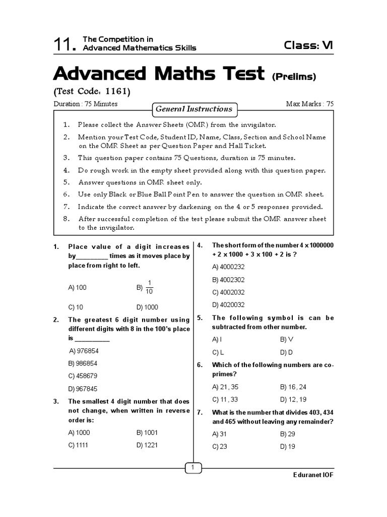 Advanced Maths Test: Class: VI | PDF | Triangle | Rectangle