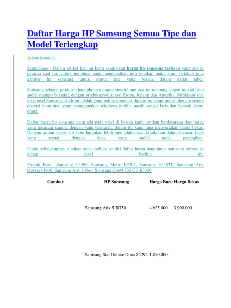 Daftar Harga Hp Samsung Semua Tipe Dan Model Terlengkap Pdf