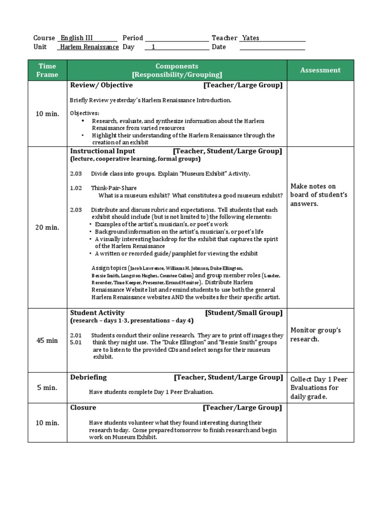 Time Frame Components (Responsibility/Grouping) Assessment: Harlem ...
